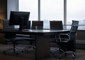 Salle de réunion moderne avec une table de conférence en bois foncé, des chaises ergonomiques noires et un écran d’ordinateur.